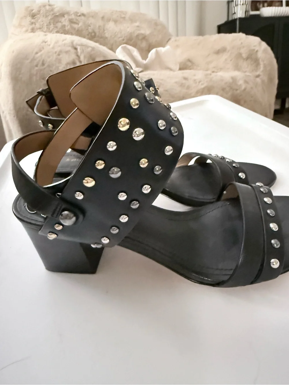 Black Studded Ankle-Strap Leather Sandals